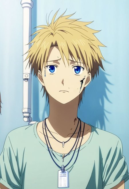 high resolution, solo, best quality, 1Boy, Yamato Ishida, Blond Hair, Blue Eyes, Necklace, sick, helpless, patient, hospital, infusion, OverallDetail