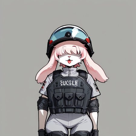 score_9, score_8_up, score_7_up, score_6_up, score_5_up, score_4_up, 2d drawn, detailed face, detailed eyes, BREAK <lora:Mimiga:1> Mimiga, big breasts, thick thighs,wide hips, thick thighs, anthro, rabbit girl, lop ears, pink hair, huge ass, white skin, red eyes, animal nose, short hair, slum background, bulletproof vest, elbow pads, knee pads, thigh holster, boots, holding riot_shield, slums background, slums, swat helmet, swat goggles over eyes, closeup of head, portrait, looking at viewer, tongue out, holding shield, riot shield