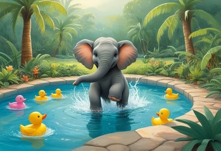 (illustrated in the charming styles of Mercer Mayer, Stephen Kellogg, and E. H. Shepard). A playful baby elephant joyfully splashing in a vibrant tropical pool, surrounded by giant oversized colorful rubber ducks floating on the water.  capturing a whimsical and enchanting atmosphere