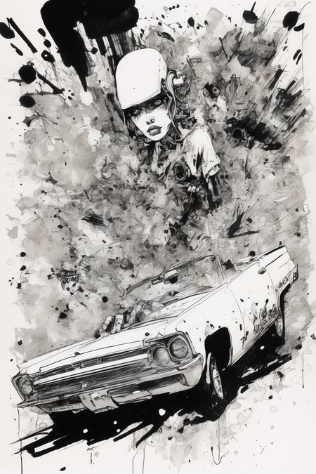 Jim Mahfood Style - black and white pen, ink and rough splatter illustration by Ralph Steadman, Hayao Miyazaki, of closeup on face of a lunatic, female drug-addled robot extremist driving a 1960s convertible through Las Vegas circa 1970 being attacked by robot drones from hell, extreme dramatic diagonal angles.