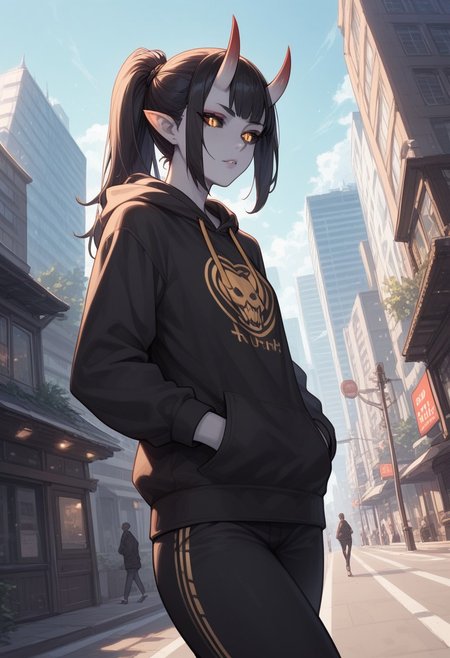 score_9, score_8_up, score_7_up, score_6_up, rating_questionable, 1girl, Polly, PollyRH, oni horns, pointy ears, colored sclera, third eye, black sclera, slit pupils, grey skin, long black hair, ponytail, gold eyes, HD32k, dynamic pose, aesthetic, perspective, solo, detailed, sensual look,  walking, black print hoodie, pants, city, angle shot, hands on pockets, looking away, pensive