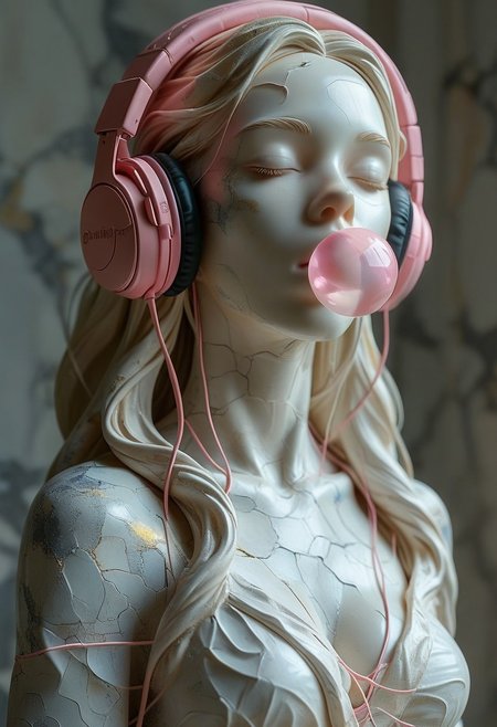 score_9, score_8_up, score_7_up, score_6_up, sclpt, sculpture style, 1girl, headphones, solo, long hair, chewing gum, bubble blowing, breasts, closed eyes, colored skin, blonde hair, crack, medium breasts, cleavage, cable, collarbone, marble skin
