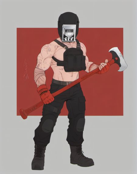1boy,muscular,axe,solo,muscular,helmet, black helmet, red text <lora:tg:0.8>