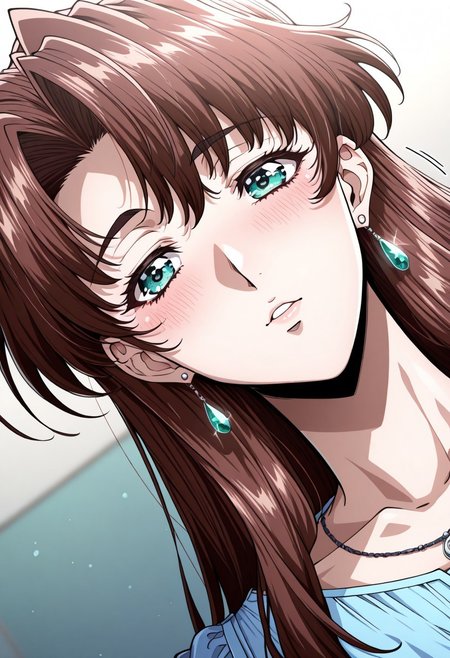 masterpiece, best quality, newest, highres, uncensored, 1girl, yokota mamoru style,1girl, slender face，motion lines,blush
Zeroshiki Makoto,Brown Hair, Long Hair, Parted in Middle,Teal Eyes,Pendant Earrings, Pendant Necklace
,slim,solo, open eyes, earrings, jewelry, long hair, blush, close-up,, dutch angle, portrait,full dressed