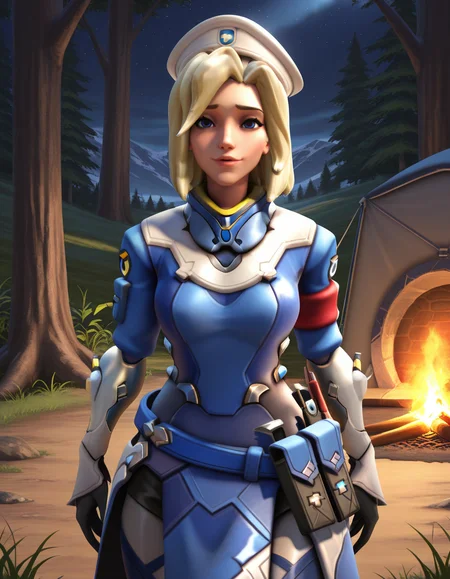 Masterpiece, high-res, 2k, best quality, 2.5d,  cowgirl shot,  combatmedic, mercy (overwatch), <lora:Combat_mercy_Illus-000043:1> on a camp
