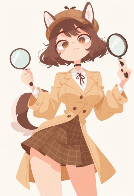 masterpiece, score_9, score_8_up, score_7_up, EasyNegative_v2, 
(best quality:1.1), ultra-detailed, high resolution, 
Dog Detective, Expressive eyes, Upper body, Detailed face, Beautiful face, Legs, One girl, Short hair, Dark hair, Dog girl, Big breasts, Thighs, White shirt with ribbon tie, Checked skirt, Beige trench coat, Deerstalker, Dynamic pose, (holding magnifying glass, Small notebook), Choker, (holding magnifying glass, Small notebook) dog ears, dog tail, brown eyes,
bright lighting, (simple background, white background:1.2),
(flat color, no lineart:2.0), haiz_ai, diives,