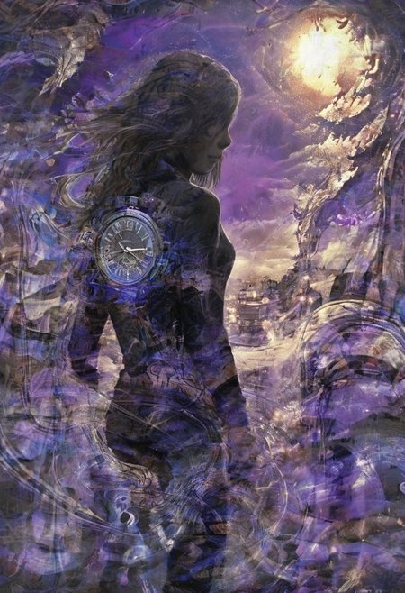 a world inside me, street, epic fantasy, dark fantasy, gritty, real, graffiti, long hair, silhouette, expressionism art, fractals, stopwatch, deep purple and gray, at dusk, cinecolor, (dimmed colors:1.1), hdr, mentixis, linquivera