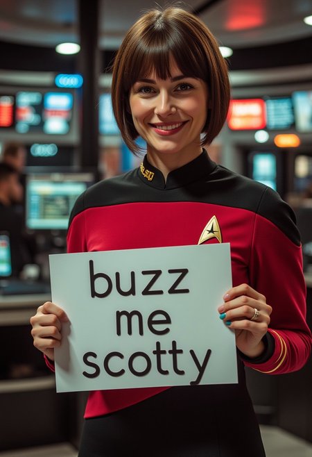 woman in star trek uniform holding  sign that says "buzz me scotty"