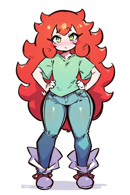 <lora:LiveActors:1>, score_9, score_8_up, score_7_up, score_6_up, score_5_up, rating_questionable, source cartoon
1girl, pretty face, pretty eyes, detailed eyes, HD eyes, thick thighs
hands on hips, standing, cowboy shot
looking at viewer, blush, eyebrows, long hair, red hair, green eyes jeans, green t-shirt, boots, high waisted jeans
simple background, white background