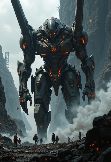Highly detailed and dramatic digital artwork featuring a futuristic, dystopian scene. The layout is vertical, showcasing a massive, armored mech towering over a group of smaller figures. The mech is about 75 meters tall, elegant futuristic design, with four very long arms. The mech is colored in dark gray and glowing orange with intricate mechanical details, glowing orange details and lights, glowing orange helmet. The smaller figures, resembling civilians, are looking up at the mech. The background features a towering, dilapidated structures shrouded in mist and smoke, contributing to the ominous atmosphere. The color palette is dominated by muted grays and blues, with contrasting orange highlights from the mech's lights and scattered embers. The scene conveys a sense of impending conflict and technological advancement in a post-apocalyptic setting.  <lora:FluxMythP0rtr4itStyle:0.6> <lora:flux.1_lora_flyway_Epic-Characters_v1:0.6> <lora:Elden_Ring_-_Yoshitaka_Amano:0.33>