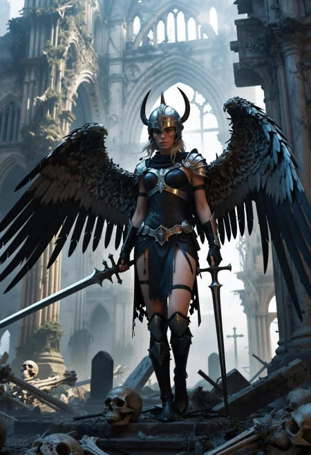fantasy illustration, 1girl, solo, valkyrie, skinny, wing-helmet, closed visor, cathedral ruins made of bones, covered in blades, graveyard, nebulous miasma, ominous atmosphere, (chromatic aberration:1.2)   <lora:dmd2_sdxl_4step_lora>