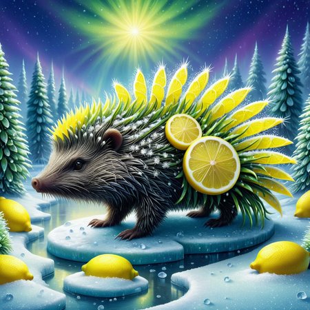 embedding:lazympos, wl_lemons, a porcupine with quills made of frost-coated lemon crystals in an icy citrus forest, lemon-snowflakes falling, aurora borealis reflecting on frozen lemon-pond surfaces. <lora:When_Life_Gives_You_Lemons-000005:1.0000000000000002> <lora:TrendCraft_The_Peoples_Style_Detailer-v2.1A-3_12_2025-SDXL:0.4000000000000001>