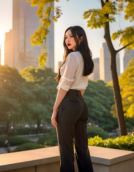 NJZH43R1N, In a bustling city park under the warm, golden glow of late afternoon sun, a striking woman with long, jet-black hair cascading down her back and expressive lips adorned with a subtle shade of red lipstick, dons a pair of tailored black pants that accentuate her sleek silhouette. She stands tall, her gaze fixed on an unseen horizon, one hand resting gently on her hip while the other subtly cradles her chin, revealing a delicate profile highlighted by the dappled sunlight filtering through the surrounding trees. Behind her, the vibrant cityscape hums with life, skyscrapers reaching for the heavens, their glassy facades reflecting the fading sunset and the woman's determined stance.