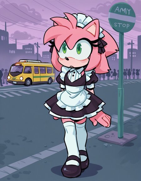 1girl, solo, <lora:knuxze:1> knuxze, no humans, petite,
<lora:CandyCatAmy-IL:0.6> amy rose, pink fur, green eyes, maid outfit, black dress, ruffled white apron, white thighhighs, mary janes, maid headdress, (long shot), crossing the street, detailed face, located in an urban scene at a crowded bus stop during twilight with cloudy weather, illuminated by headlights of cars, creating a vibrant,crowded atmosphere, extremely detailed, highres, masterpiece, best quality