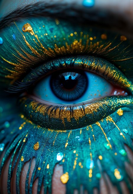 A super close-up of a woman’s eye, the iris now a sparkling peacock tail, with vibrant blues and greens fanning out like feathers, tiny golden eyespots shimmering inside. The pupil is a dark feather base, grounding the colors, while the sclera has a faint iridescent glow. The lighting is a bold, jewel-toned glow, captured with an Olympus OM-D E-M1X, .orf file, making the peacock tail fill the entire frame.
, aidmamj6.1, aidmaHyperrealism, aidmafluxpro1.1