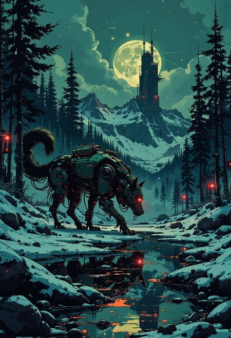 A cyborg wolf prowls silently across the surface of a frozen lake under the stark glow of the full moon, its sleek, metallic limbs gleaming faintly in the dim, icy light. The lake’s surface, a mirror of deep black ice, reflects the wolf’s hybrid form with ghostly clarity, distorted only by faint cracks running through the frozen expanse. The wolf’s glowing red eyes pierce the cold darkness, casting sharp beams onto the ice below. Vapor rises from its heated joints, swirling into the crisp night air, mingling with the delicate flurries of snow that drift lazily from the star-filled sky above.
The sci-fi cityscape in the background is shrouded in shadow, with only sporadic bursts of cold neon lights breaking the gloom—blue and white hues flicker in rhythmic pulses, like the heartbeat of a distant, alien world. Tall, angular skyscrapers rise ominously into the night, their outlines softened by the snowy haze. Frost-covered trees stand sentinel around the lake, their stark silhouettes framing the luminous wolf in an aura of quiet mystery. Above, the stars glitter fiercely in a vast midnight sky, their brilliance contrasting with the mechanical sheen of the wolf’s cybernetic components. The air is heavy with stillness as the wolf halts mid-step, its tail twitching with calculated precision, the lone figure blending seamlessly into this wintry fusion of natural beauty and technological coldness.