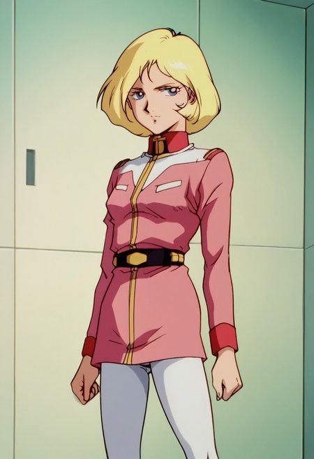 score_8, score_8_up, score_7_up, AWGXS, anime screenshot, retro artstyle,1990s (style), cel animation BREAK 1girl, female focus, solo, standing, looking at viewer, Sayla Mass,blue eyes,blonde hair,short hair, pink military uniform,white pantyhose,belt,