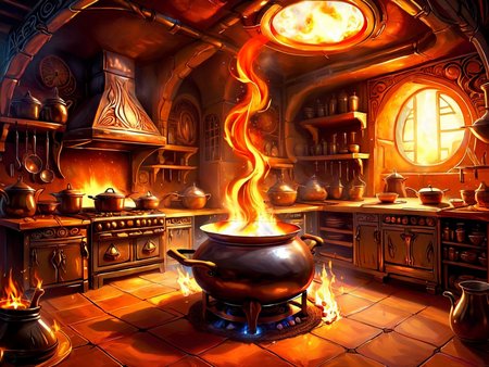 <lora:MagicAI:.9>   FireMagicAI   kitchen , Highly detailed, sci fi fantasy setting, intricate detailed background