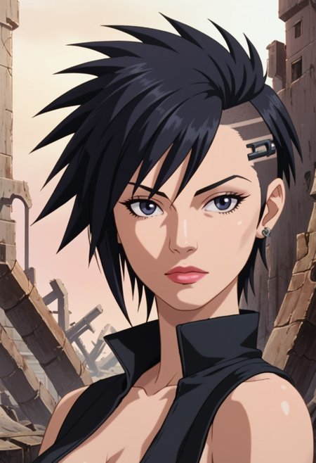 SCORE_9, SOURCE_ANIME, HM2K, PORTRAIT, 1GIRL, BLACK HAIR, SHORT HAIR, PUNK, RUINS