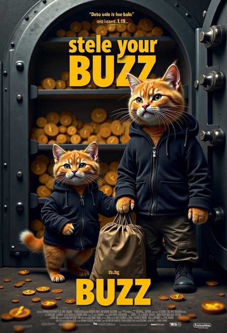 a realistic picture,((((Display the text " i will steal your buzz, " on top a movie poster))))
Movie poster of 4 orange cats wearing black military tactical pants and miliatry boots and   wearing black hoodie,and tactical gears, the orange cats standing in front of the vault doors,   the orange cats has a mischievous grin on his face and is stealing Buzz coins off of a bank vaults,((The vault is a large, heavy steel door, slightly ajar, revealing a well-lit interior. Inside, the usual stacks of cash and gold bars are conspicuously absent. Instead, the shelves are lined with small, neatly arranged coins, each shaped like a tiny, stylized orange lightning bolt. The coins are labeled as "Buzz." Several of these "Buzz" coins are scattered across the floor, as if hastily dropped by the robbers in their rush. A large duffel bag, half-full of these coins, sits on the floor near the open vault door, with a few more coins spilling out. ))background: indoors in a closed bank  at night, his two paws are grasping onto a bright yellow buzz coin,that is almost his size as he is trying to drag it off the counter top, the darkness of the bank indicates that the orange cat has snuck in here after hours when it is empty,  text logo:1.9 <lora:Harrlogos_v2.0:1.9>, (full body shots),
((((Display the text " BUZZ heist" on a movie poster))))