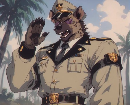 source_furry, furry, hyena, wearing tan military suit, dictator hat, waving, open mouth, dessert, palm trees, security guards hyenas by the sides, wearing sunshades, hot, , sharp edges, serious tone,  <lora:OldAnimeStyle_XL_v3:0.8> Vintage, 1990s \(style\) , wide angle,
