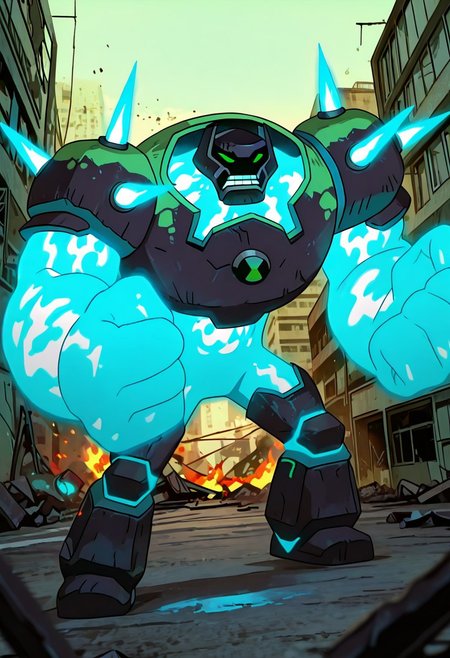 masterpiece, best quality, amazing quality, very aesthetic, absurdres, newest, , detailed background, 
 movie scene, cinematic scene, cinematic, foreground blur, depth of field, 
shckrck, glowing, shoulder spikes, green eyes, helmet, neon trim, blue fire, big arms, massive arms, blue arms, no humans, male focus, short legs, 
destroyed city, fire attack, blue fire, angry, rage, teeth,