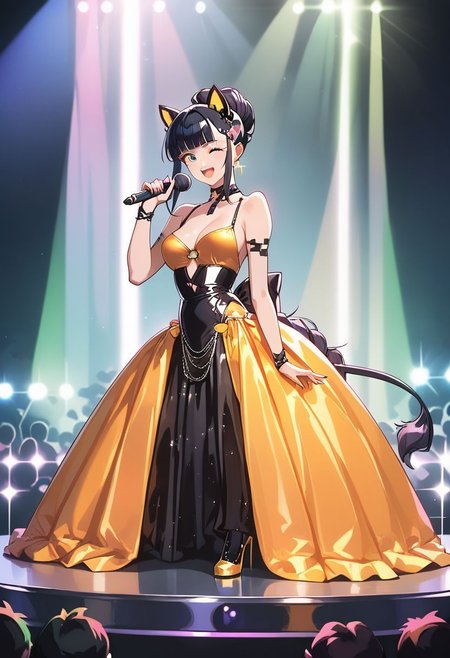 score_9, score_8_up, score_7_up, score_6_up, 
1girl, solo girl, black hair, fringe cut, pontail hairstyle, full body,
medium breast, hour glass figure, milf, milf body
idol dress, black idol dress, 
on stage, holding microphone, looking at viewer, singing, wink, winking
cyberpunk lights, neon signs,