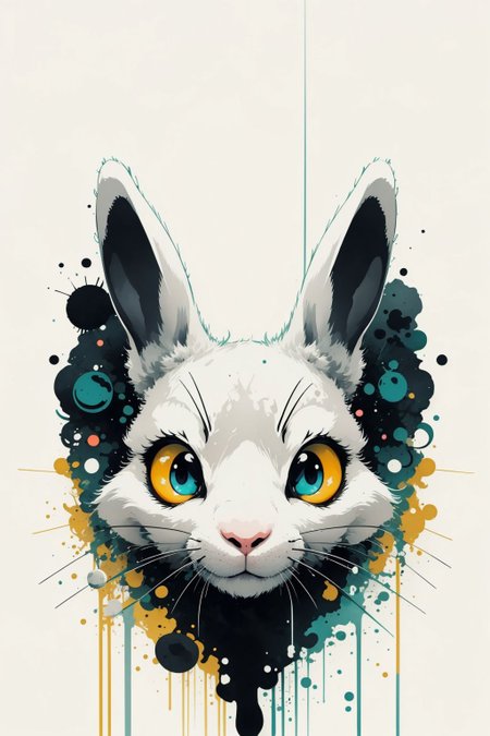 masterpiece, best quality, (rabbit) bunny, large eyes, (cartoon), splashing, abstract, psychedelic, (neon:0.8), extremely detailed, (white background:1.3), ink,  (creative:1.3), intricate detail, (pretty face), dynamic lighting, natural lighting, (chartreuse:1.3), photorealistic, sy3 <lora:Sy3:0.4>    <lora:ink-0.1-3-b28-bf16-D128-A1-1-ep64-768-DAdaptation-cosine:1>