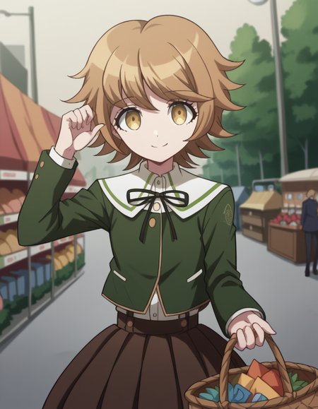 score_9, score_8_up, score_7_up, source_anime, <lora:chihiro-fujisaki-s1-ponyxl-lora-nochekaiser:1>, chihiro fujisaki, short hair, bangs, brown hair, brown eyes, male focus, otoko no ko,, skirt, shirt, long sleeves, ribbon, school uniform, jacket, pleated skirt, black ribbon, neck ribbon, brown skirt, green jacket,, farmers market, fresh produce, local vendors, baskets, sunny day, community, smile, looking at viewer, hand palm facing up, solo,, cowboy shot, dutch angle
