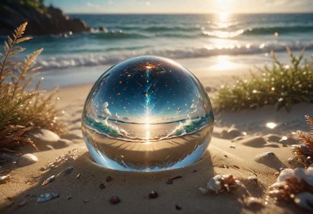 glass ball with a galaxy inside, a galactic storm inside, space reflection beige, lies on a squeak on the beach, 8k, vray, IMax, hyperrealism, perfect light, bokeh Carl Zeiss 85mm, small depth of field, photorealistic, masterpiece, high resolution, best quality, cinematic shot, ultra-detailed, super realistic, Hyperrealistic art, high-quality, ultra high res, highest detailed, lot of details, Extremely high-resolution details, photographic, realism pushed to extreme, incredibly lifelike,