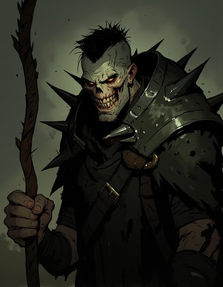 Ev Ganin style. This digital drawing features a formidable, skeletal warrior standing in a dramatic, gritty environment. The warrior is depicted in a menacing, high contrast, dark and light color palette with a focus on shadow and highlights. His face is a skull, complete with glowing, red eyes and sharp, jagged teeth, giving him a menacing appearance. His skin is a sickly greenish hue, adding to the macabre atmosphere. He has a mohawk-style haircut with a dark, spiky texture. <lora:Ev_Ganin:1.0>