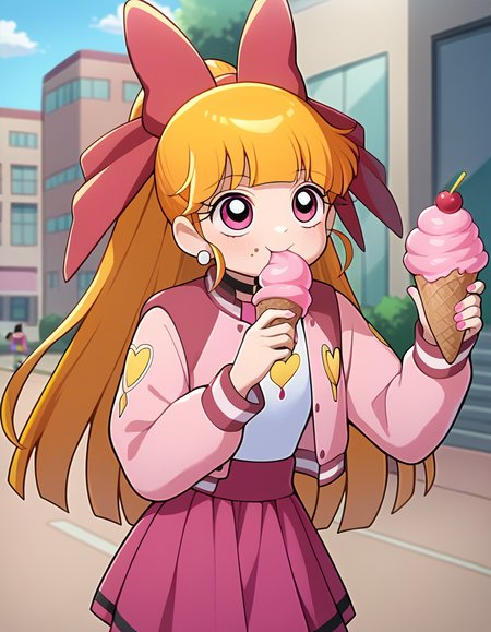 score_9, score_8_up, score_7_up,  1girl, source_anime, momoko blossom, , pink leotard, sleveless pink jacket , pink skirt,   <lora:Momoko-40:1> eating an ice cream