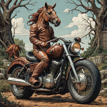 a motorcycle shaped like a horse, color image by Becky Cloonan