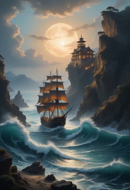 ocean nomadraft made of planks, Hokusai (woodblock waves), Mediterranean cliffside cove at dusk, black smokers vent fauna. icebreaker ship trapped, porcelain crab hiding,
8K resolution, ultra-detailed cinematic composition, contemporary concept art style, volumetric magical atmosphere with ethereal glow, rich complementary color palette, vivid gradients and chiaroscuro contrast, dynamic perspective with layered depth of field, inspiring awe-inspiring mood, Unreal Engine 5 render quality, intricate textures, flawless anatomy, rule of thirds composition, luminous highlights, surreal ambiance, award-winning illustration, harmonious balance of light and shadow, photorealistic details, ArtStation trending, chromatic accents, nostalgic futurism, dreamlike serenity, bold creativity, professional finish, sharp focus, ambient background, fascinating dynamic motion,, Baroque art style, dynamic composition, dramatic lighting, rich colors, intricate details, professional-grade execution, captures the grandeur and theatricality of the Baroque period, oil painting art style from Renaissance period, masterful composition, Renaissance mood, renaissance oil painting, brush strokes