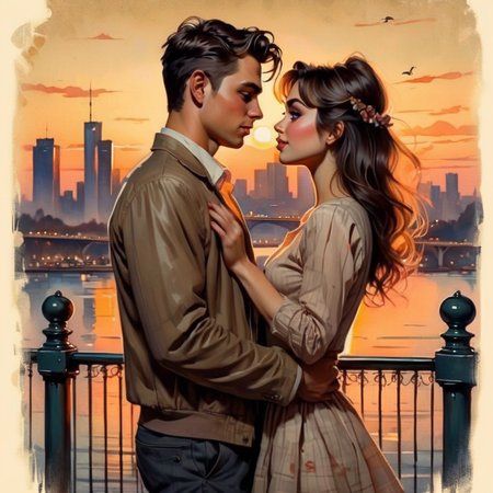 vintagemuse mclose up lovers on the bridge girl and boy in the background of the city at sunset <lora:vintagemuse:1>