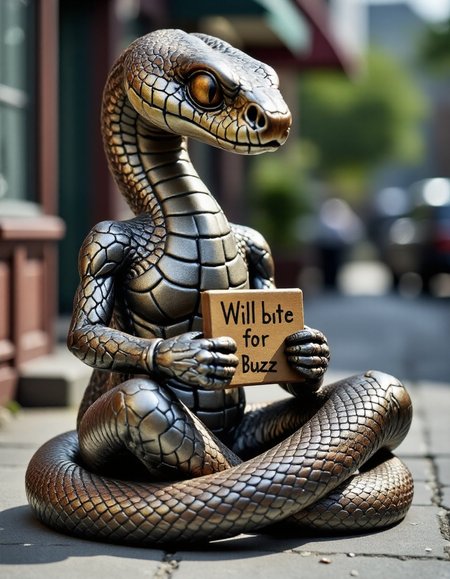 The realistic metallic snake somehow grew arms and began to beg for Buzz to feed his gambling habit. He sits on the concrete sidewalk, his intricately detailed coh24 scales neglected and rusting, holding a sign that with the text "Will bite for Buzz"  <lora:flux-metallic-snake:1>