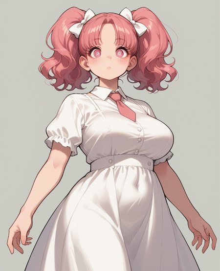 score_9, score_8_up, score_7_up, score_6_up, 1girl, solo, perfect hand, gigantic_breasts ,plump ,wide_hips ,sundress ,short_hair ,pink_hair ,white_eyes ,high_twintails ,wavy_hair ,necktie ,hair_bow ,ass ,thinking ,dynamic_pose