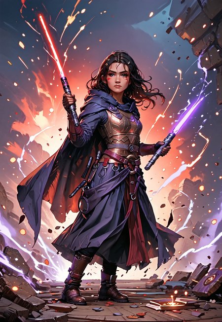 ((zPDXL3)), ((masterpiece,best quality, highly detailed)), ((score_9)), score_8_up, score_7_up, score_6_up, score_5_up, score_4_up, Digital painting style, brushstrokes, ((EnhanceImage)), solo, 1girl, d4rkr3v4n4rm0r, black robe, cape, hood up, mandalorian helmet, breastplate, gauntlets, belt, pants, belt boots, holding lightsaber, dual wielding, purple lightsaber, red lightsaber, Expressiveh, tanned-skin, 30yo, adult lustful confident woman, petite, slender body, perky saggy natural breasts, straps,
chinese magical sorceress, animated, swirling magic, wisps of magic, dancing pose, tight squeezed outfit, magical accessories, evoking motion, conveying motion, dynamic splash art, 
<lora:PainterlyFantasiaPDXL:0.6>,