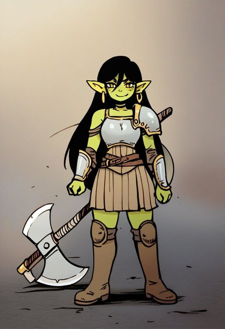 score_9, score_8_up, score_7_up, score_6_up, score_5_up, score_4_up, 
BREAK
1girl, solo, smile, earrings, jewelry, armor, axe, black hair, boots, breastplate, brown footwear, colored skin, female goblin, full body, goblin, green skin, holding, holding axe, huge weapon, knee pads, long hair, pointy ears, single earring, slit pupils, weapon, yellow eyes