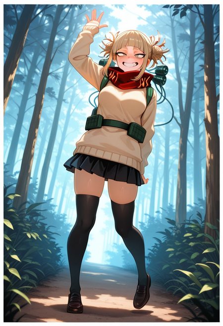 Score 9, Score 8, Score 7, Masterpiece, High Quality, Good Quality, Latest Model, High Resolution, Absurd, ((White Border)), Cinematic Lighting, High Contrast (Rim Light: 0.6), Dynamic Vision, <lora:illustriousXL_stabilizer_v1.23:0.3> <lora:NOOB_vp1_detailer_by_volnovik_v1:0.3> <lora:ponyv6_noobE11_2_adamW-000017:0.45> <lora:checkpoint-e18_s306:1.5> <lora:haiz_ai_illu:0.7>, Vibrant Colors, Bright Color, Dynamic Pose, Dynamic Angle, Dynamic Composition, Dynamic Colors, Colorful Image, High Contrast, Saturated Colors, Thick Line, Bright Colors, Good Lighting, Color Saturation,
masterpiece, best quality, source_hentai, medium shot,
Pretty Face, pretty, cute, excited, impatient, a girl, alone,Toga_Himiko, medium breasts, 
In the middle of the forest, blue-lit forest, leafy bushes,
In the middle of the forest, blue-lit forest, leafy bushes,
stalking, beige sweater, black knee-high socks, brown dress shoes, black skirt, belt with green pockets,
drooling, salivating, blushing, threatening, smiling, standing facing the viewer, smiling, low angle view, taking off her red scarf, red scarf hanging from her hand,