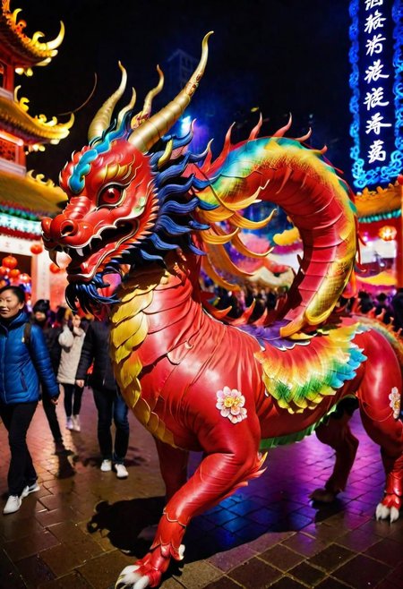 A vivid and ((multicolored Qilin), midnight, in a chinese red lantern festival street with people walking around), magnificent horns, vibrant feathers, majestic and legendary, captures attention with its vibrant hues, colorful high contrast, from china, festival of rich colors, hong kong, epic colors, formidable, rain, eyes lit, standing in the dark, anamorphic lens flares 4k, best of behance, holy flame crown spell, creative commons attribution, wallpaperflare, steven jung, trending on mentalray, hyper realstic, featured on pexels, big horn, highly beautiful, casting a magic spell, color overlay, =	,