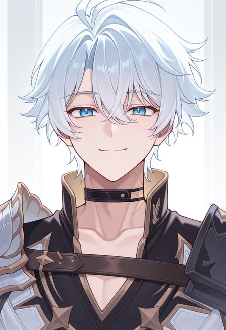 masterpiece,best quality,amazing quality, source_anime, 
Phainonhsr, 1boy, male focus, solo, blue eyes, white hair, black choker, neck tatto, shoulder armor, shirt, black shirt, coat, white coat, smile, looking at viewer, portrait,