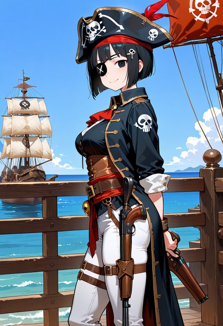 best quality, amazing quality, simple background,((outlined outlined vector graphics)),blue sky,ocean,pirate ship,
   side view ,  looking at viewer , 1girl,,solo, 20yo, black hair, black eyes, short bob hair, hair pin,mdeium  breast, slender,(white thigh strap:1.1), (glow eyes:0.7),happy,smile, cute face,pirate, pirate girl, eye patch,skull,pants,   standing ,  ,  arms behind back, , , gun, pirate-outfit <lora:pirate-il-01:0.8>