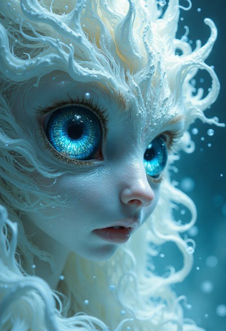 close-up albino woman blue eyes shiny white fur