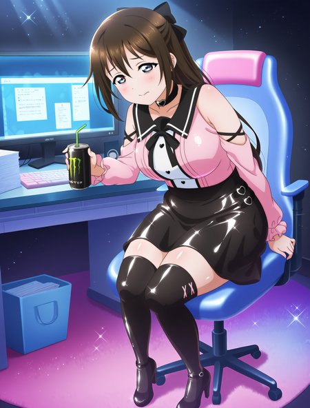 <lora:Koto-Umi-Riko-Shizu-Setsu-LLAS-IllustriousXLV01-V1:0.5> <lora:Koto-Umi-Riko-Shizu-Setsu-LLAS-NoobAIXLV11-V1:0.5> <lora:sdxl-boldline:-0.8> <lora:il_saturation_slider_d1:-0.3>
<lora:Jirai-Kei-LLD-IllustriousXLV01-V4:1>
(llas:1.4), (masterpiece, very aesthetic, absurdres, very awa:1.2), best quality, highres, newest, perfect anatomy, perfect lighting, anime coloring, anime screenshot BREAK
(sparkle:0.8), depth of field BREAK
1girl, solo, looking at object, (full body) BREAK
osaka shizuku, hair bow, (black bow) BREAK
big pupils, (detailed eyes:1.2), (huge breasts), curvy, lips, exhausted, (bags under eyes:1.3) BREAK
jklldays clothes, pink collared shirt, detached sleeves, black high-waist skirt, black thighhighs, heart choker, heart o-ring, high heels, pumps, shiny skin, shiny clothes BREAK
sitting on chair, holding can, energy drink, black can, monster energy, drinking straw, drinking straw, monitor, computer keyboard, computer mouse, (paper stack), table, black background, multicolored background