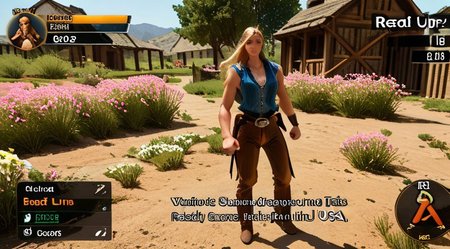 VG_SS, fake screenshot, english text,
(High Resolution), (More Details), (8K), (High Resolution)
Fake video game interface. 
Scrolled beat'em up.

1 woman,
RDR2Sadie, blonde hair, long hair, brown eyes
 full body, zoomed out,exactly facing right  clenched fists,  ready for fist-fight. 

BREAK
and 3+ bandits, cowboy attire, facing left , ready for fist-fight.

backdrop is a small town in USA in 1899, spring, 6pm.