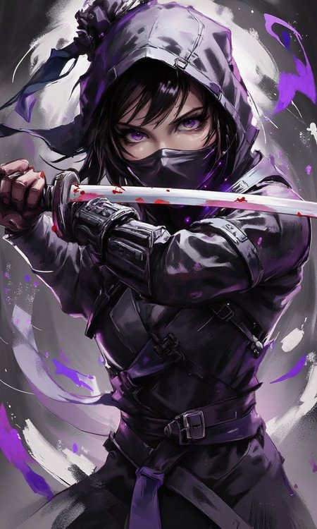 A long-haired girl in a black ninja suit and mask, holding a samurai sword, posing in a fighting stance, with blood stains on the scabbard, purple light and shadows surrounding her big eyes, she stares firmly at the viewer. Dark background<flux.1_lora_flyway_ink-dynamic.safetensors:1.2:1.2>
