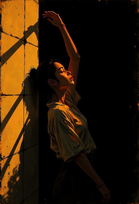 Create an intense, evocative portrait in the Japanese retro anime style of the 80s and 90s. The scene features a woman bathed in deep golden light, leaning against a wall with her arms raised, eyes closed in a moment of raw emotion. Her attire is minimal, accentuating the curves of her body and the dramatic shadows cast by the lighting. The background is stark, with sharp contrasts highlighting the contours of her form. The gold and black palette intensifies the mood, evoking a sense of mystery and allure. Subtle film grain and meticulous shading add depth and texture, emphasizing the emotional gravity of the scene. The lighting creates a chiaroscuro effect, accentuating her expressive pose and the intense atmosphere.shading, niji_flux,  ff-comic