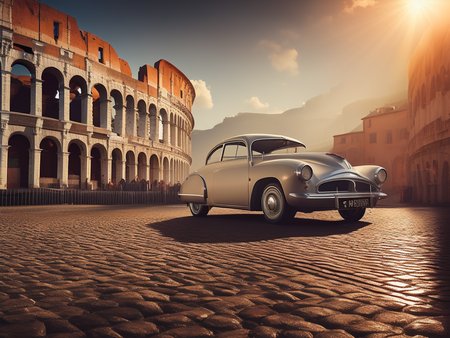 Italian road with wet cobblestones colosseum with (Oldtimer car:1.3), retrofutur5-400, god rays, dust particles, volumetric lighting, 10mm, perfect composition, depth of field, sharp focus, centered