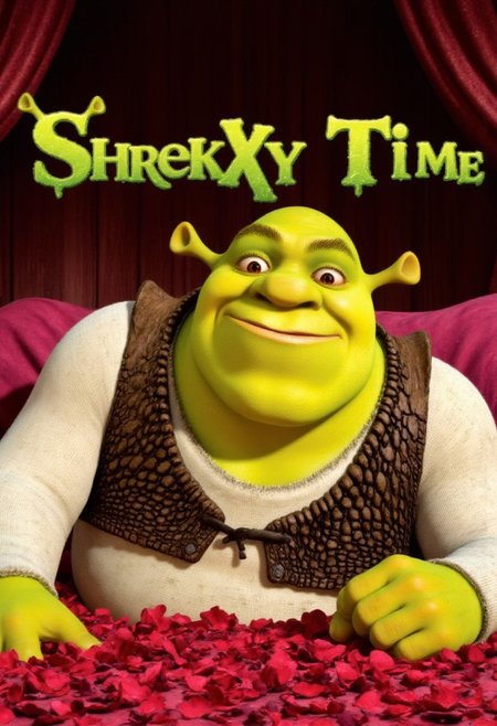 Shrek,on a bed filled with rose petals. smiling impishly looking at viewer. Laying down seductively. Text in dark green slimey font "Shrekxy Time" . Rendered in the highest detail.